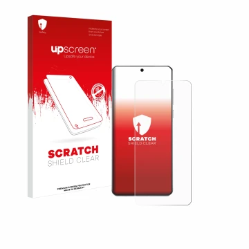 Parte frontal de un envase de producto con el logotipo de la marca upscreen. Al lado se muestra el dispositivo OnePlus 13 con 