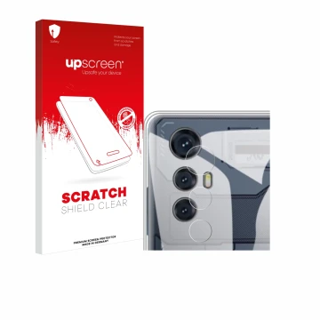 Parte frontal de un envase de producto con el logotipo de la marca upscreen. Al lado se muestra el dispositivo Cubot Max 5 (SÓ