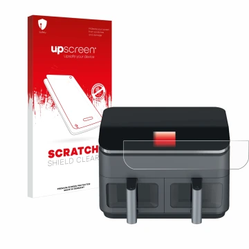 Parte frontal de un envase de producto con el logotipo de la marca upscreen. Al lado se muestra el dispositivo Cosori CAF-R9 c