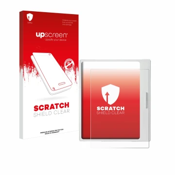 Parte frontal de un envase de producto con el logotipo de la marca upscreen. Al lado se muestra el dispositivo Boox Go Color 7