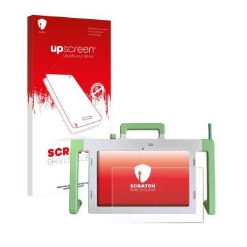 Parte frontal de un envase de producto con el logotipo de la marca upscreen. Al lado se muestra el dispositivo Telemarie Table