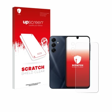 Parte frontal de un envase de producto con el logotipo de la marca upscreen. Al lado se muestra el dispositivo Samsung Galaxy 