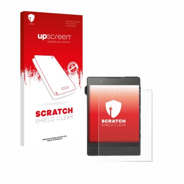 Parte frontal de un envase de producto con el logotipo de la marca upscreen. Al lado se muestra el dispositivo Light Phone 3 c
