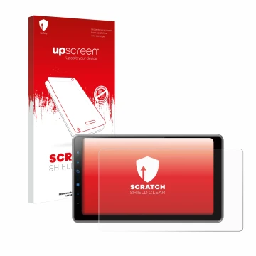 Parte frontal de un envase de producto con el logotipo de la marca upscreen. Al lado se muestra el dispositivo Pioneer SPH-DA9