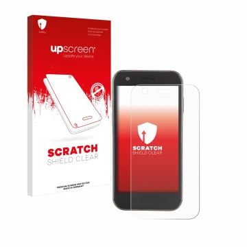 Parte frontal de un envase de producto con el logotipo de la marca upscreen. Al lado se muestra el dispositivo Soyes XS12 con 