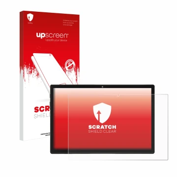 Parte frontal de un envase de producto con el logotipo de la marca upscreen. Al lado se muestra el dispositivo Acepad A150 con