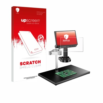 Parte frontal de un envase de producto con el logotipo de la marca upscreen. Al lado se muestra el dispositivo Tomlov TM4K-AF-