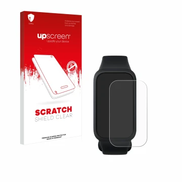 Parte frontal de un envase de producto con el logotipo de la marca upscreen. Al lado se muestra el dispositivo Xiaomi Smart Ba