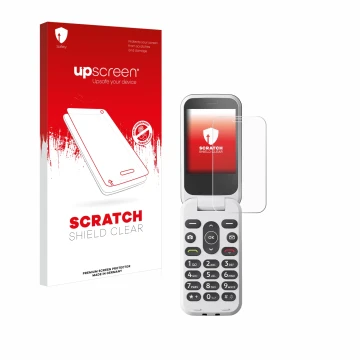 Parte frontal de un envase de producto con el logotipo de la marca upscreen. Al lado se muestra el dispositivo Doro 2820 con s