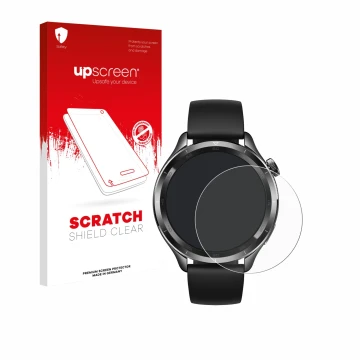Parte frontal de un envase de producto con el logotipo de la marca upscreen. Al lado se muestra el dispositivo Xiaomi Watch S4