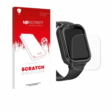 Parte frontal de un envase de producto con el logotipo de la marca upscreen. Al lado se muestra el dispositivo RAYOFI Kids Sma