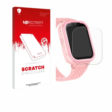 Parte frontal de un envase de producto con el logotipo de la marca upscreen. Al lado se muestra el dispositivo Yuede Kids Smar