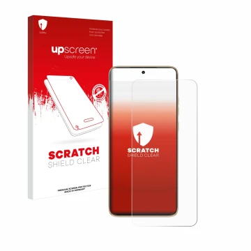 Parte frontal de un envase de producto con el logotipo de la marca upscreen. Al lado se muestra el dispositivo Motorola Edge 5