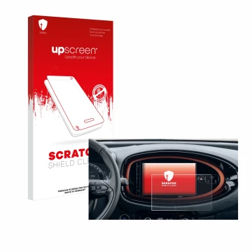 Parte frontal de un envase de producto con el logotipo de la marca upscreen. Al lado se muestra el dispositivo Toyota Aygo X (