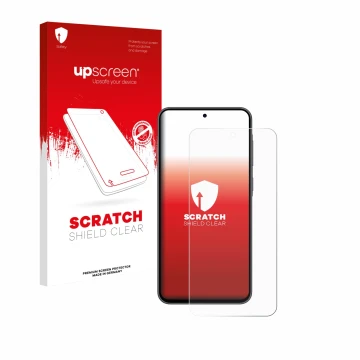 Parte frontal de un envase de producto con el logotipo de la marca upscreen. Al lado se muestra el dispositivo Samsung Galaxy 