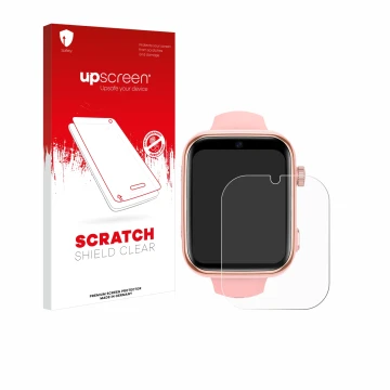 Parte frontal de un envase de producto con el logotipo de la marca upscreen. Al lado se muestra el dispositivo Akumaka 4G Kids