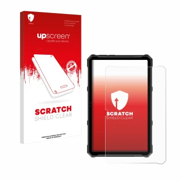 Parte frontal de un envase de producto con el logotipo de la marca upscreen. Al lado se muestra el dispositivo Ulefone Armor P