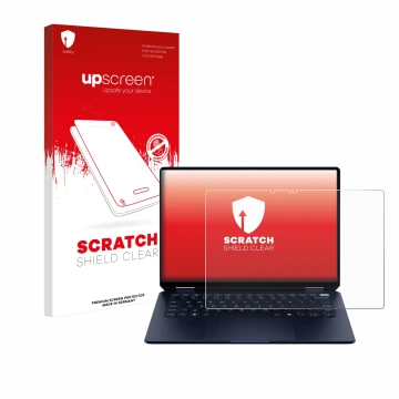 Parte frontal de un envase de producto con el logotipo de la marca upscreen. Al lado se muestra el dispositivo HP OmniBook Ult