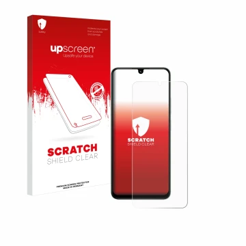 Parte frontal de un envase de producto con el logotipo de la marca upscreen. Al lado se muestra el dispositivo Xiaomi Poco C75
