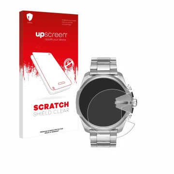 Parte frontal de un envase de producto con el logotipo de la marca upscreen. Al lado se muestra el dispositivo Diesel Mega Chi