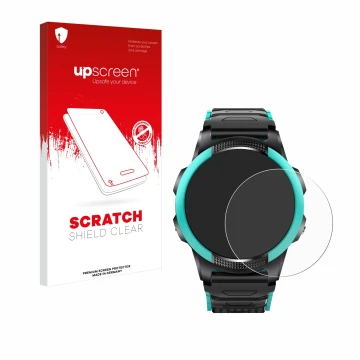 Parte frontal de un envase de producto con el logotipo de la marca upscreen. Al lado se muestra el dispositivo SaveFamily Slim