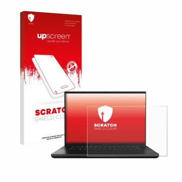 Parte frontal de un envase de producto con el logotipo de la marca upscreen. Al lado se muestra el dispositivo Razer Blade 16 