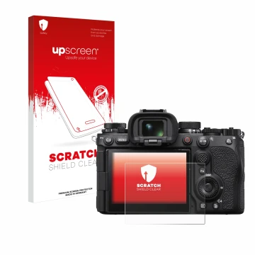 Parte frontal de un envase de producto con el logotipo de la marca upscreen. Al lado se muestra el dispositivo Sony Alpha 1 II