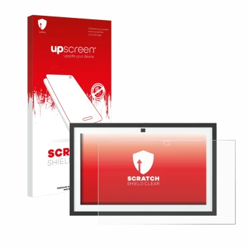 Parte frontal de un envase de producto con el logotipo de la marca upscreen. Al lado se muestra el dispositivo Amazon Echo Sho