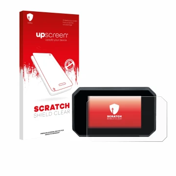 Parte frontal de un envase de producto con el logotipo de la marca upscreen. Al lado se muestra el dispositivo Suzuki GSX-8S 2