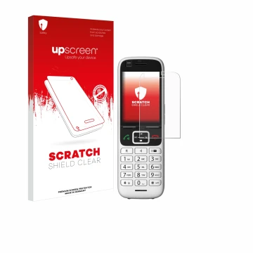 Parte frontal de un envase de producto con el logotipo de la marca upscreen. Al lado se muestra el dispositivo Unify OpenScape