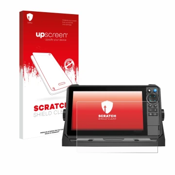Parte frontal de un envase de producto con el logotipo de la marca upscreen. Al lado se muestra el dispositivo Lowrance HDS-9 