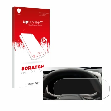 Parte frontal de un envase de producto con el logotipo de la marca upscreen. Al lado se muestra el dispositivo Dacia Duster Ta