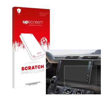 Parte frontal de un envase de producto con el logotipo de la marca upscreen. Al lado se muestra el dispositivo Land Rover Defe