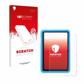 Parte frontal de un envase de producto con el logotipo de la marca upscreen. Al lado se muestra el dispositivo Blackview Tab 8