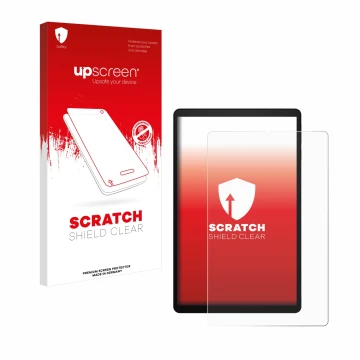 Parte frontal de un envase de producto con el logotipo de la marca upscreen. Al lado se muestra el dispositivo Acer Iconia Tab