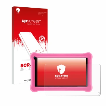 Parte frontal de un envase de producto con el logotipo de la marca upscreen. Al lado se muestra el dispositivo Sumtab K708 7.1