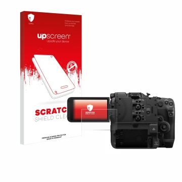 Parte frontal de un envase de producto con el logotipo de la marca upscreen. Al lado se muestra el dispositivo Canon EOS C400 