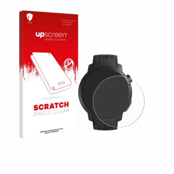 Parte frontal de un envase de producto con el logotipo de la marca upscreen. Al lado se muestra el dispositivo Coros Pace Pro 