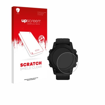 Parte frontal de un envase de producto con el logotipo de la marca upscreen. Al lado se muestra el dispositivo Garmin Descent 