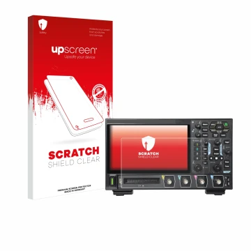 Parte frontal de un envase de producto con el logotipo de la marca upscreen. Al lado se muestra el dispositivo Rigol DHO914 co