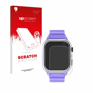 Parte frontal de un envase de producto con el logotipo de la marca upscreen. Al lado se muestra el dispositivo Jubunrer Kids S
