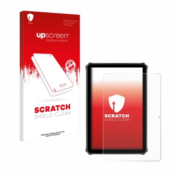 Parte frontal de un envase de producto con el logotipo de la marca upscreen. Al lado se muestra el dispositivo Oukitel RT9 con