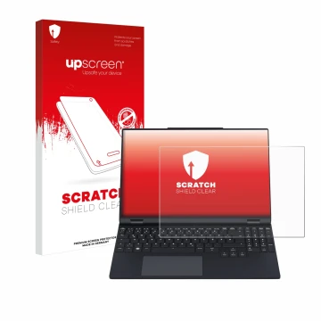 Parte frontal de un envase de producto con el logotipo de la marca upscreen. Al lado se muestra el dispositivo Tuxedo Infinity
