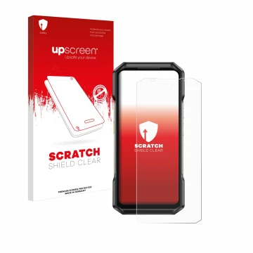 Parte frontal de un envase de producto con el logotipo de la marca upscreen. Al lado se muestra el dispositivo Ulefone Armor 2