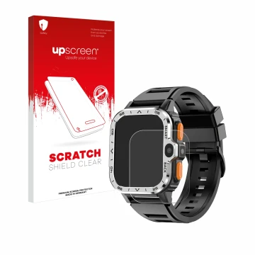 Parte frontal de un envase de producto con el logotipo de la marca upscreen. Al lado se muestra el dispositivo HS Smartwatch 2