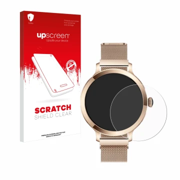 Parte frontal de un envase de producto con el logotipo de la marca upscreen. Al lado se muestra el dispositivo Bekomiya Smartw