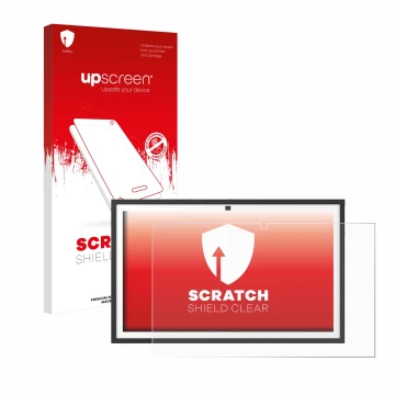 Parte frontal de un envase de producto con el logotipo de la marca upscreen. Al lado se muestra el dispositivo Echo Show 21 co
