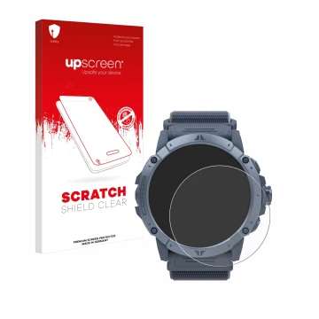 Parte frontal de un envase de producto con el logotipo de la marca upscreen. Al lado se muestra el dispositivo Coros Vertix 2S