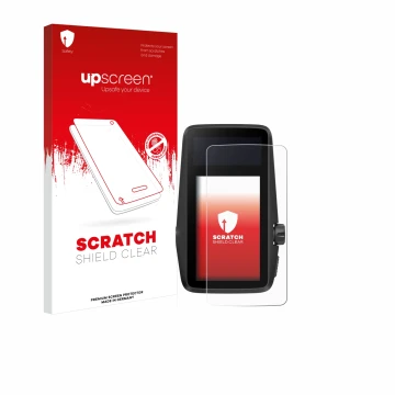Parte frontal de un envase de producto con el logotipo de la marca upscreen. Al lado se muestra el dispositivo Coros Dura con 