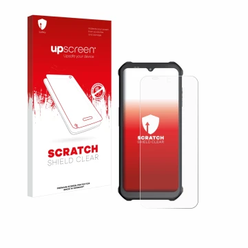 Parte frontal de un envase de producto con el logotipo de la marca upscreen. Al lado se muestra el dispositivo Sonim XP400 con